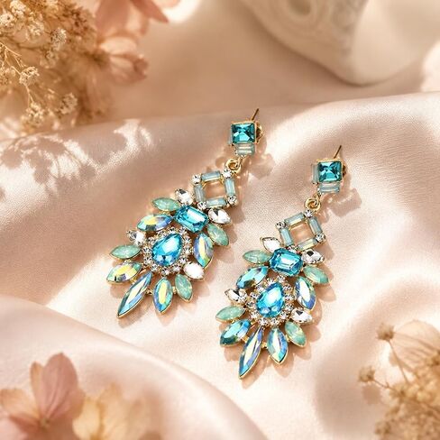 1 Pair Art Deco Teal Earrings for Women Sparkling Rhinestone Drop Dangle Elegant Chic Style Statement Aqua Earrings for Prom Wedding Evening Party Wear Jewelry Accessories Crystal Plated in Saudi Arabia
