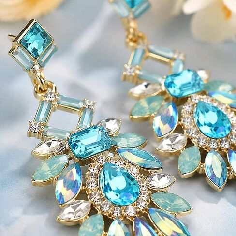 1 Pair Art Deco Teal Earrings for Women Sparkling Rhinestone Drop Dangle Elegant Chic Style Statement Aqua Earrings for Prom Wedding Evening Party Wear Jewelry Accessories Crystal Plated in Saudi Arabia