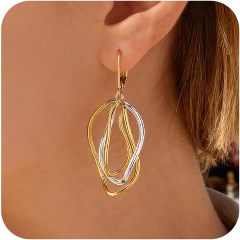 Two Tone Twisted Drop Earrings for Women, 14K Gold & Silver Plated Leverback Dangle Earrings, Hypoallergenic Mixed Metal Geometric Dangly Earring Trendy Jewelry Gifts in Kuwait