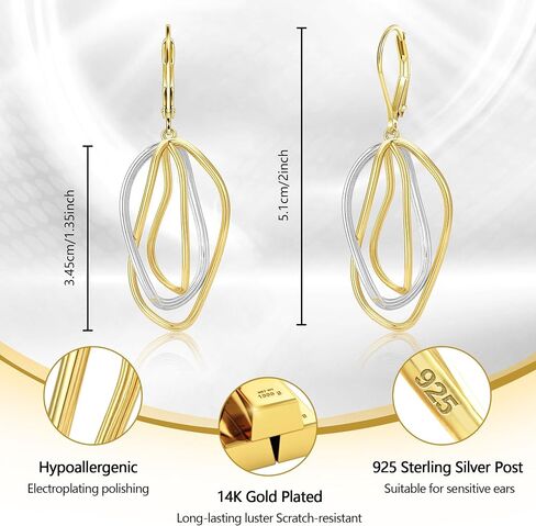 Two Tone Twisted Drop Earrings for Women, 14K Gold & Silver Plated Leverback Dangle Earrings, Hypoallergenic Mixed Metal Geometric Dangly Earring Trendy Jewelry Gifts in Kuwait