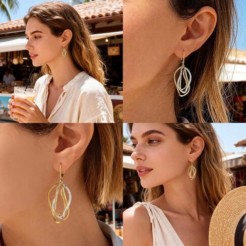Two Tone Twisted Drop Earrings for Women, 14K Gold & Silver Plated Leverback Dangle Earrings, Hypoallergenic Mixed Metal Geometric Dangly Earring Trendy Jewelry Gifts in Kuwait
