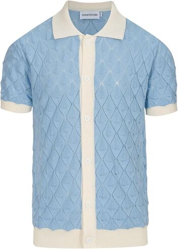 OXKNIT Men's Blue Knitted Polo Shirt, Retro Texture Casual Poloshirt Summer Short Sleeve with Button in Saudi Arabia