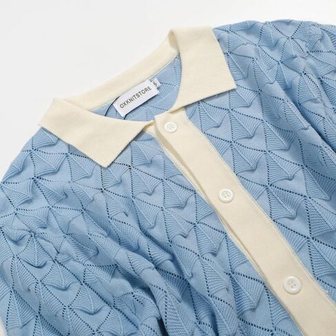 OXKNIT Men's Blue Knitted Polo Shirt, Retro Texture Casual Poloshirt Summer Short Sleeve with Button in Saudi Arabia