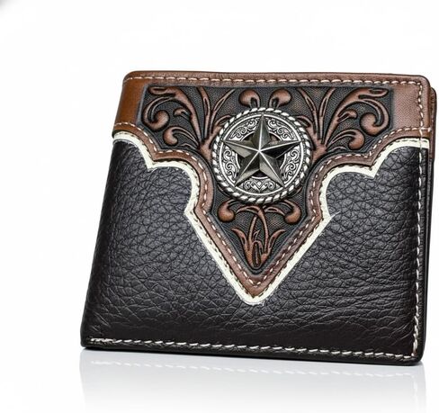Men’s Short Leather Wallet – Hand Tooled Floral Design with Lone Star Concho – Western Cowboy Bifold Wallet for Texans, Ranchers & Rodeo Gift Ideas in Saudi Arabia