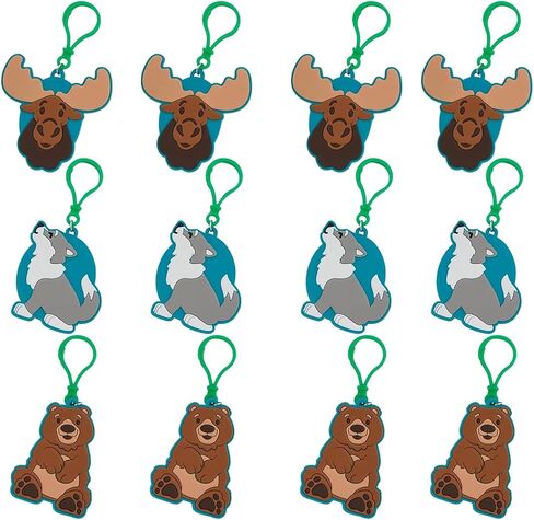 مشابك حقيبة الظهر من Woodland Animals Moose, Bear & Wolf - 2.25 بوصة - 2.75 بوصة سحر مطاطي (12 قطعة) - هدايا الحفلات ذات الطابع الطبيعي، مكافآت الفصل الدراسي وهدايا الحياة البرية لحقائب الظهر للأطفال وسلاسل المفاتيح وحقائب اليد in Kuwait