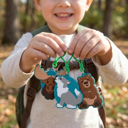 مشابك حقيبة الظهر من Woodland Animals Moose, Bear & Wolf - 2.25 بوصة - 2.75 بوصة سحر مطاطي (12 قطعة) - هدايا الحفلات ذات الطابع الطبيعي، مكافآت الفصل الدراسي وهدايا الحياة البرية لحقائب الظهر للأطفال وسلاسل المفاتيح وحقائب اليد in Kuwait