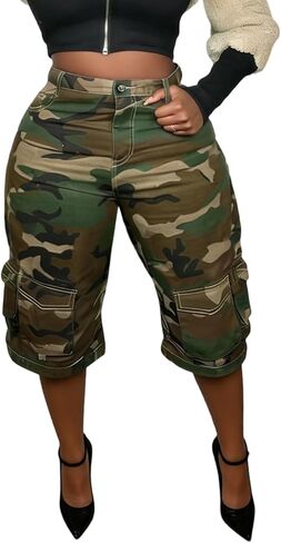 Vakkest Women’s High Waisted Camo Cargo Bermuda Shorts Wide Leg Streetwear Camouflage Army Fatigue Short Pants with Pockets in Kuwait