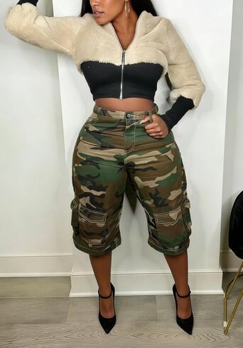 Vakkest Women’s High Waisted Camo Cargo Bermuda Shorts Wide Leg Streetwear Camouflage Army Fatigue Short Pants with Pockets in Kuwait