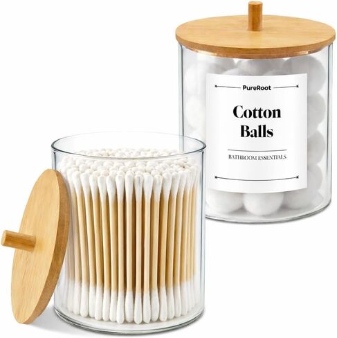 Glass Qtip Holder Dispenser Set - 10oz Cotton Swab Holder with Bamboo Lids, Bathroom Canisters Apothecary Jar Vanity Storage Organizer for Cotton Balls Pads, Floss Picks (2 Pack) in Saudi Arabia