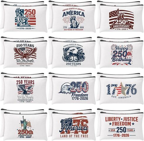 Glitopper 24 Pcs 250th Anniversary Merchandise Patriotic Makeup Bags for Women American Flag Cosmetic Bags 250 Anniversary 4th of July Independence Day USA Red White and Blue Purse in Kuwait
