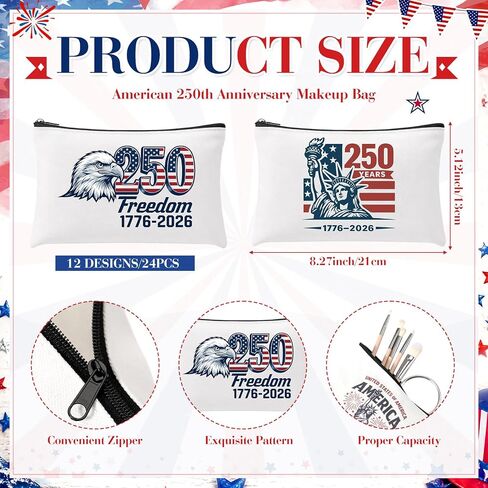 Glitopper 24 Pcs 250th Anniversary Merchandise Patriotic Makeup Bags for Women American Flag Cosmetic Bags 250 Anniversary 4th of July Independence Day USA Red White and Blue Purse in Kuwait