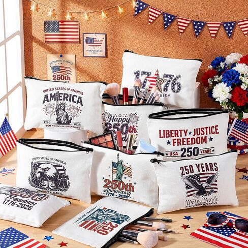 Glitopper 24 Pcs 250th Anniversary Merchandise Patriotic Makeup Bags for Women American Flag Cosmetic Bags 250 Anniversary 4th of July Independence Day USA Red White and Blue Purse in Kuwait