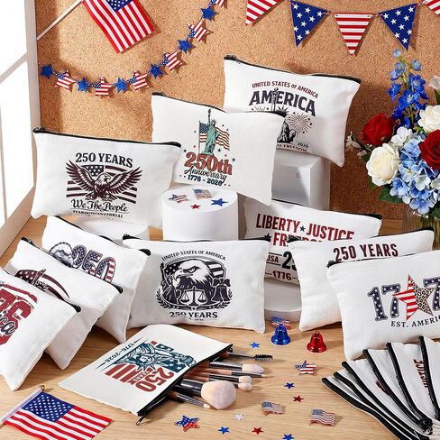Glitopper 24 Pcs 250th Anniversary Merchandise Patriotic Makeup Bags for Women American Flag Cosmetic Bags 250 Anniversary 4th of July Independence Day USA Red White and Blue Purse in Kuwait