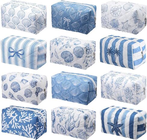 Hillban 12 Pcs Seashell Quilted Cosmetic Bag Bulk for Women Summer Beach Makeup Bag Seashell Themed Zipper Pouch Travel Toiletry Pouch Beach Kit Organizer Pouches Ocean Coastal Party Favor in Saudi Arabia