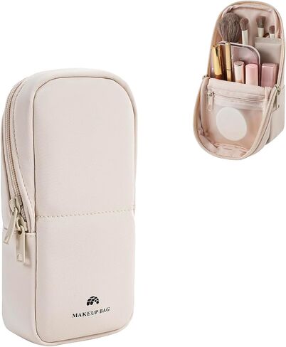 Standing Travel Makeup Bag,Brush Holder, Small Waterproof PU LeatherMakeup Bag,Cosmetic Bag with Compartments,Portable Brush Storage Dustproof Bag Case(01Beige) in Saudi Arabia