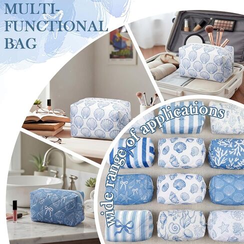 Hillban 12 Pcs Seashell Quilted Cosmetic Bag Bulk for Women Summer Beach Makeup Bag Seashell Themed Zipper Pouch Travel Toiletry Pouch Beach Kit Organizer Pouches Ocean Coastal Party Favor in Saudi Arabia