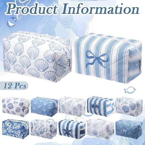 Hillban 12 Pcs Seashell Quilted Cosmetic Bag Bulk for Women Summer Beach Makeup Bag Seashell Themed Zipper Pouch Travel Toiletry Pouch Beach Kit Organizer Pouches Ocean Coastal Party Favor in Saudi Arabia