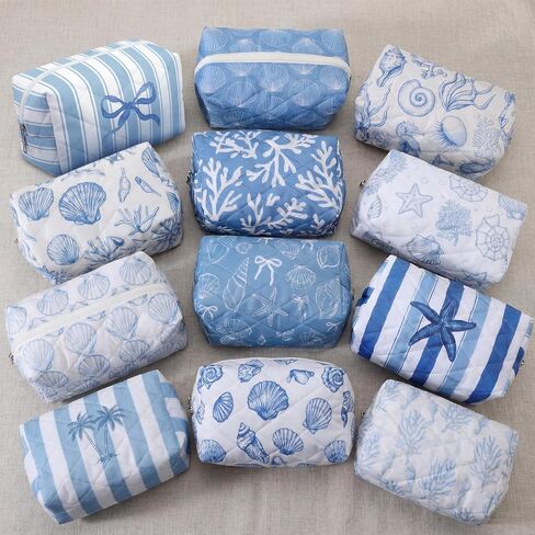 Hillban 12 Pcs Seashell Quilted Cosmetic Bag Bulk for Women Summer Beach Makeup Bag Seashell Themed Zipper Pouch Travel Toiletry Pouch Beach Kit Organizer Pouches Ocean Coastal Party Favor in Saudi Arabia