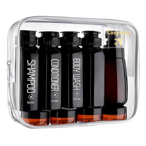 Cosywell Travel Bottles for Toiletries 10PCS 100ml/3.4oz Pre-Printed Shampoo, Conditioner & Body Wash TSA Approved 2oz Spray Bottle Leakproof 0.35oz Plastic Cream Jars Refillable Cream Lotion(Black) in Saudi Arabia