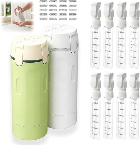 4 in 1 Travel Dispenser Bottle, Portable Refillable Travel Size Containers with Labels for Shampoo Lotion Conditioner, Perfect for Gym Camping Business Trip Vacation (2 Pack, Green+White) in Saudi Arabia