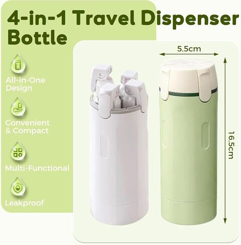 4 in 1 Travel Dispenser Bottle, Portable Refillable Travel Size Containers with Labels for Shampoo Lotion Conditioner, Perfect for Gym Camping Business Trip Vacation (2 Pack, Green+White) in Saudi Arabia