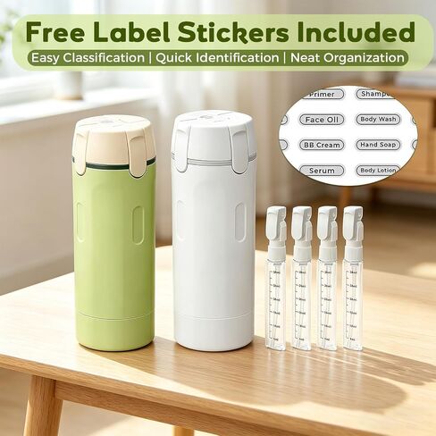 4 in 1 Travel Dispenser Bottle, Portable Refillable Travel Size Containers with Labels for Shampoo Lotion Conditioner, Perfect for Gym Camping Business Trip Vacation (2 Pack, Green+White) in Saudi Arabia