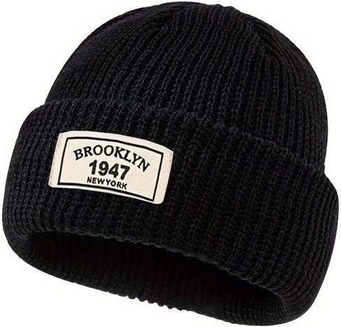 Men's Winter Knitted Beanie - Warm Adjustable Hat with Stylish Letter Patch, Perfect for Active Outdoor & Daily Wear, Ideal Holiday/Valentine's Day Gift- Black in Kuwait