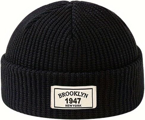 Men's Winter Knitted Beanie - Warm Adjustable Hat with Stylish Letter Patch, Perfect for Active Outdoor & Daily Wear, Ideal Holiday/Valentine's Day Gift- Black in Kuwait