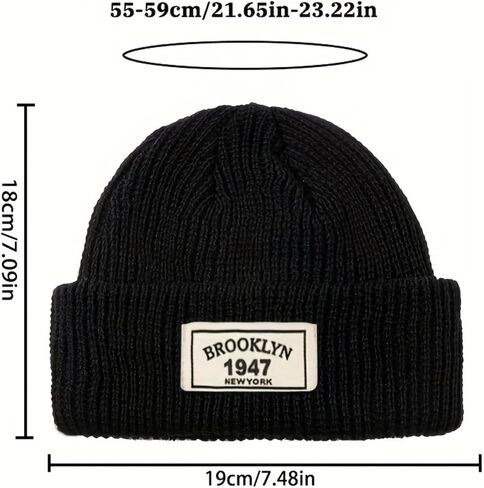 Men's Winter Knitted Beanie - Warm Adjustable Hat with Stylish Letter Patch, Perfect for Active Outdoor & Daily Wear, Ideal Holiday/Valentine's Day Gift- Black in Kuwait