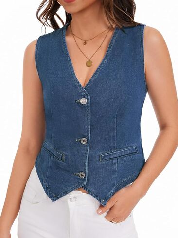 Womens Denim Vest Sleeveless V Neck Button Down Jean Jacket Y2K Summer Crop Tops in Kuwait