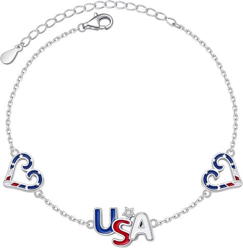 Ladytree USA Flag Bracelet Sterling Silver Patriotic Jewely for Women | Adjustable 4th of July Bracelet|Red White Blue Heart Charm| Independence Day Gift for Men in Saudi Arabia
