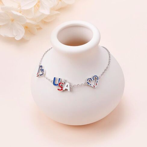 Ladytree USA Flag Bracelet Sterling Silver Patriotic Jewely for Women | Adjustable 4th of July Bracelet|Red White Blue Heart Charm| Independence Day Gift for Men in Saudi Arabia