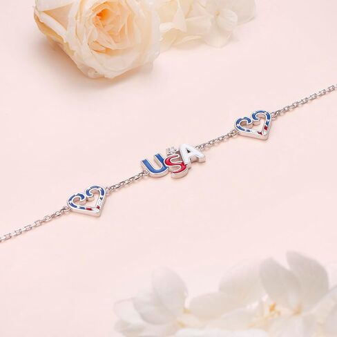 Ladytree USA Flag Bracelet Sterling Silver Patriotic Jewely for Women | Adjustable 4th of July Bracelet|Red White Blue Heart Charm| Independence Day Gift for Men in Saudi Arabia