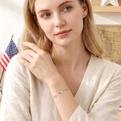 Ladytree USA Flag Bracelet Sterling Silver Patriotic Jewely for Women | Adjustable 4th of July Bracelet|Red White Blue Heart Charm| Independence Day Gift for Men in Saudi Arabia