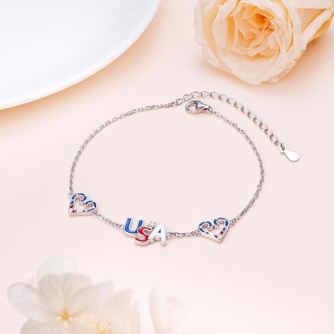 Ladytree USA Flag Bracelet Sterling Silver Patriotic Jewely for Women | Adjustable 4th of July Bracelet|Red White Blue Heart Charm| Independence Day Gift for Men in Saudi Arabia
