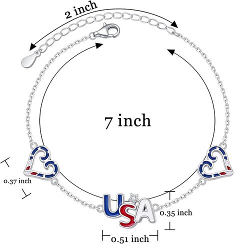 Ladytree USA Flag Bracelet Sterling Silver Patriotic Jewely for Women | Adjustable 4th of July Bracelet|Red White Blue Heart Charm| Independence Day Gift for Men in Saudi Arabia