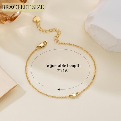 14K Gold Bracelets for Women Thin Gold Bracelets for Women Link Bracelet Simple Style with Solitaire Cubic Zirconia O-Chain Thin Chain Bracelet for Womens Adjustable Size (7-8.6) in in Saudi Arabia