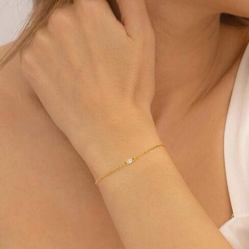 14K Gold Bracelets for Women Thin Gold Bracelets for Women Link Bracelet Simple Style with Solitaire Cubic Zirconia O-Chain Thin Chain Bracelet for Womens Adjustable Size (7-8.6) in in Saudi Arabia