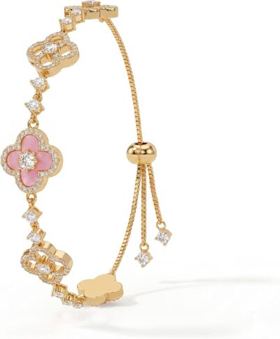 VOI-SEA Four Leaf Clover Adjustable Bracelet for Women - Pink Flower & Sparkling Accents Lucky Jewelry, Slider Bolo Bracelet Fits Up to 9 Inches, Dainty Layering Gift for Her in Kuwait