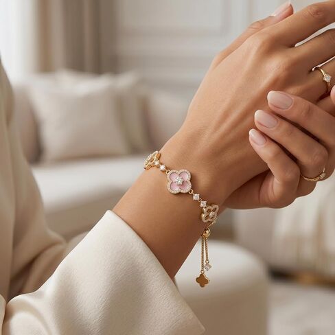 VOI-SEA Four Leaf Clover Adjustable Bracelet for Women - Pink Flower & Sparkling Accents Lucky Jewelry, Slider Bolo Bracelet Fits Up to 9 Inches, Dainty Layering Gift for Her in Kuwait