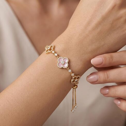 VOI-SEA Four Leaf Clover Adjustable Bracelet for Women - Pink Flower & Sparkling Accents Lucky Jewelry, Slider Bolo Bracelet Fits Up to 9 Inches, Dainty Layering Gift for Her in Kuwait
