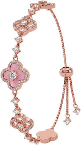 VOI-SEA Four Leaf Clover Adjustable Bracelet for Women - Pink Flower & Sparkling Accents Lucky Jewelry, Slider Bolo Bracelet Fits Up to 9 Inches, Dainty Layering Gift for Her in Kuwait