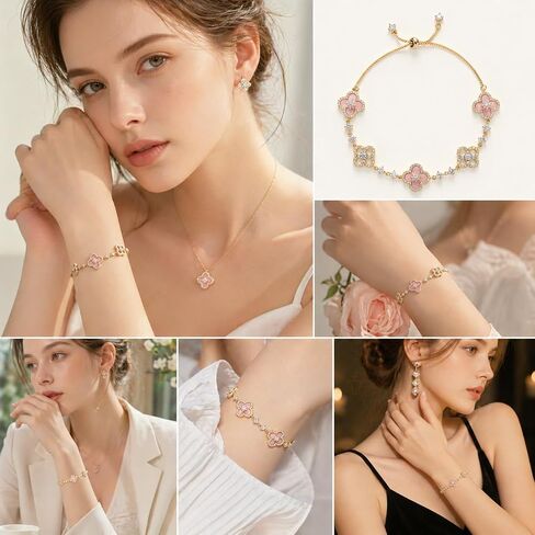 VOI-SEA Four Leaf Clover Adjustable Bracelet for Women - Pink Flower & Sparkling Accents Lucky Jewelry, Slider Bolo Bracelet Fits Up to 9 Inches, Dainty Layering Gift for Her in Kuwait