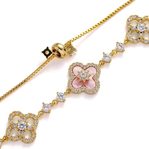 VOI-SEA Four Leaf Clover Adjustable Bracelet for Women - Pink Flower & Sparkling Accents Lucky Jewelry, Slider Bolo Bracelet Fits Up to 9 Inches, Dainty Layering Gift for Her in Kuwait