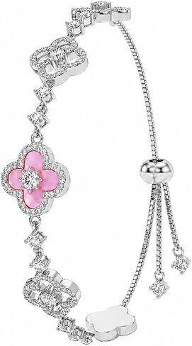 VOI-SEA Four Leaf Clover Adjustable Bracelet for Women - Pink Flower & Sparkling Accents Lucky Jewelry, Slider Bolo Bracelet Fits Up to 9 Inches, Dainty Layering Gift for Her in Kuwait