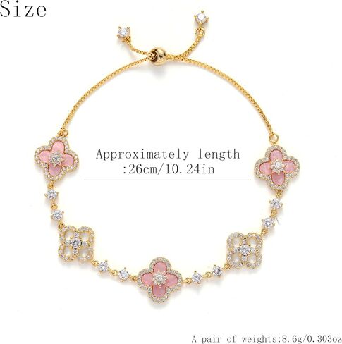 VOI-SEA Four Leaf Clover Adjustable Bracelet for Women - Pink Flower & Sparkling Accents Lucky Jewelry, Slider Bolo Bracelet Fits Up to 9 Inches, Dainty Layering Gift for Her in Kuwait