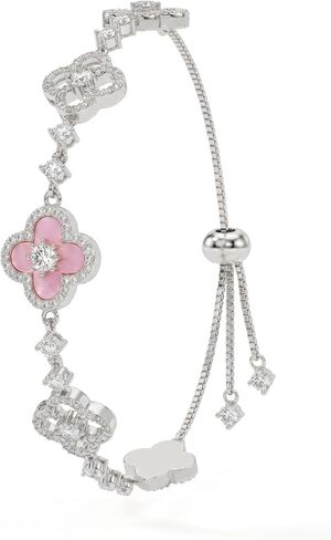 VOI-SEA Four Leaf Clover Adjustable Bracelet for Women - Pink Flower & Sparkling Accents Lucky Jewelry, Slider Bolo Bracelet Fits Up to 9 Inches, Dainty Layering Gift for Her in Kuwait