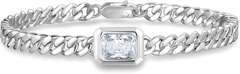 FANCIME 'Axis' Sterling Silver Radiant-Cut Cubic Zirconia Cuban Chain Link Bracelet Fine Jewelry Gifts for Women Men Unisex 7" in Kuwait