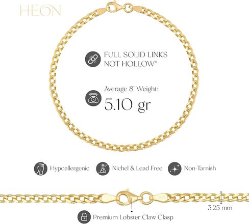 24K Gold Plated 925 Sterling Silver Solid 3.25mm Curb Cuban Link Chain Bracelet for Men Women, Hypoallergenic Non-Tarnish Jewelry in Saudi Arabia