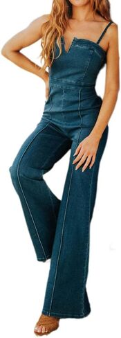 Denim Romper Jumpsuits for Women Sexy V Neck Sleeveless Halter Wide Leg Jumpsuit Fall Outfits Going Out in Saudi Arabia